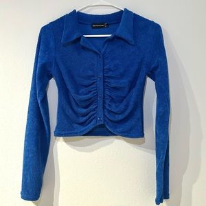 Prettylittlething Blue Button Crop Long-sleeve